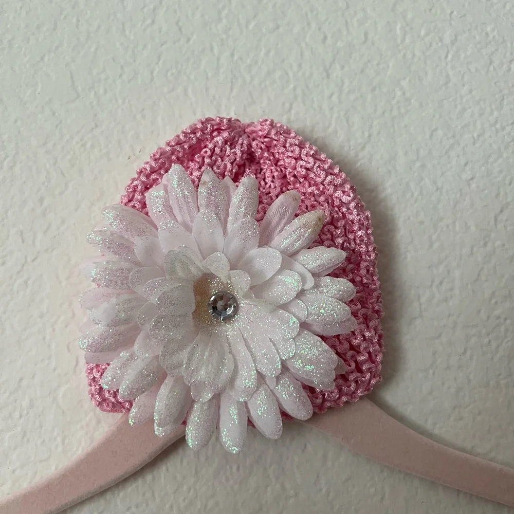Pink and White Crochet Baby Headbands with White Sparkle Flower